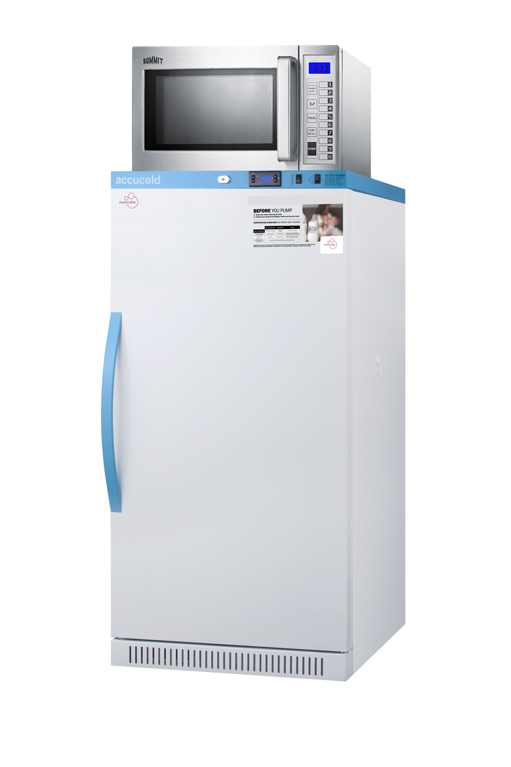 MOMCUBE refrigerator/microwave combination for easy storage of breast milk and sanitation of pumping equipment